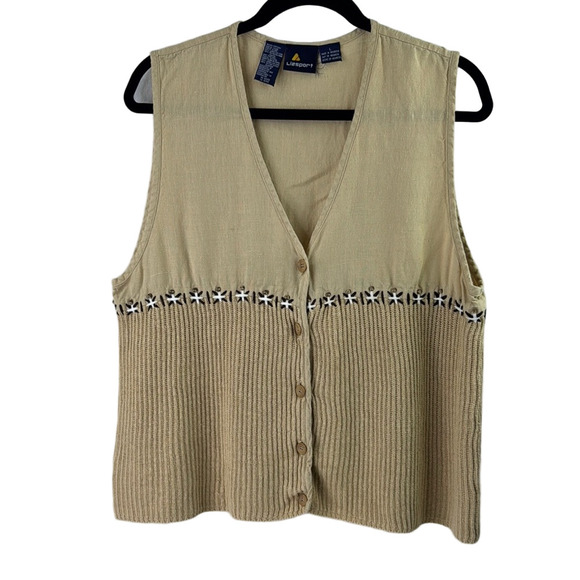 Vintage Lizsport Linen Blend Cream Boxy Ribbed Button Down Vest - Picture 1 of 8